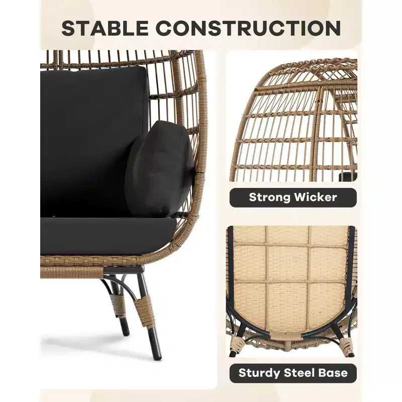 Outdoor Egg Chair with Thick Cushions, Oversized Patio Wicker Basket Chair for Balcony, Patio, Living Room, 350LBs Capacity