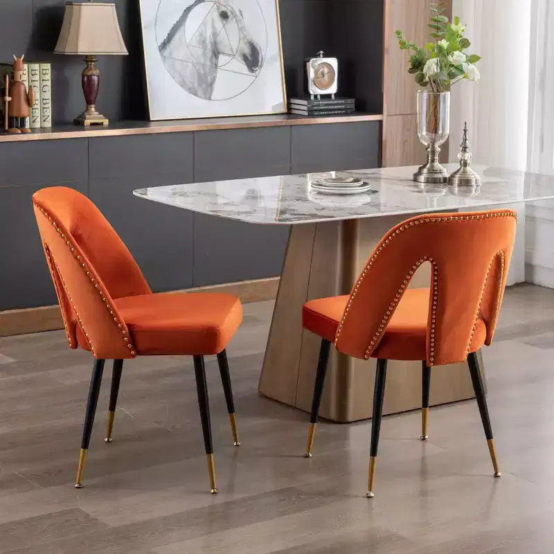 Velvet Upholstered Dining Chairs Set of 2, Accent Chairs with Nailhead Trim and Gold-Tipped Black Metal Legs for Kitchen or Dining Area