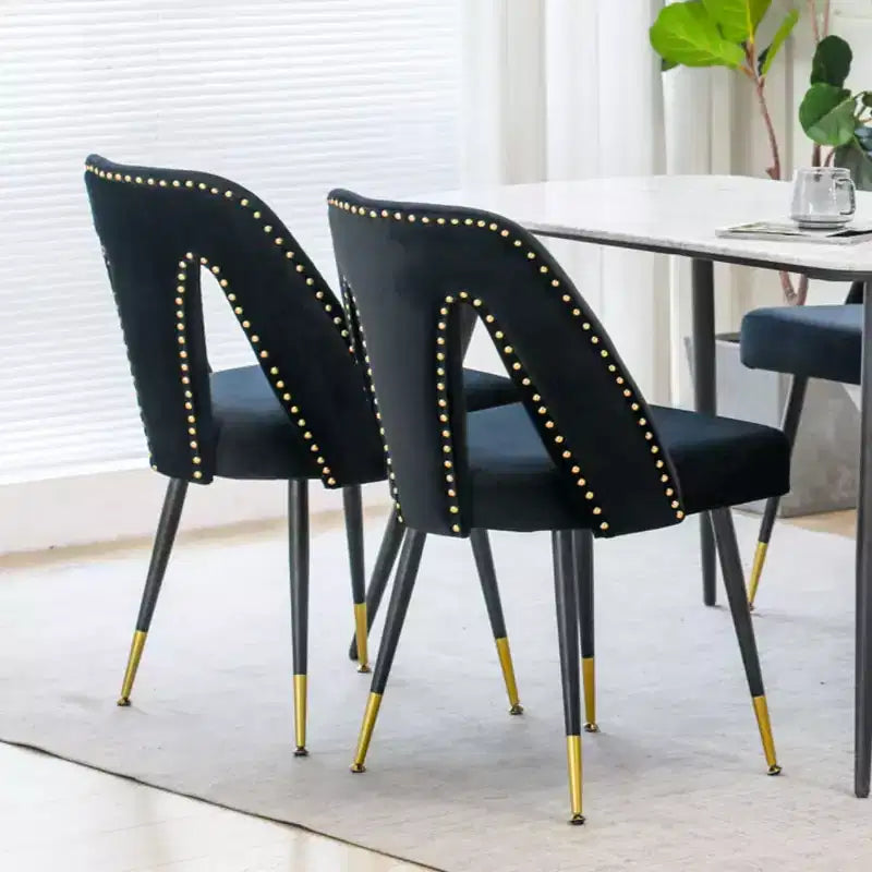 Velvet Upholstered Dining Chairs Set of 2, Accent Chairs with Nailhead Trim and Gold-Tipped Black Metal Legs for Kitchen or Dining Area