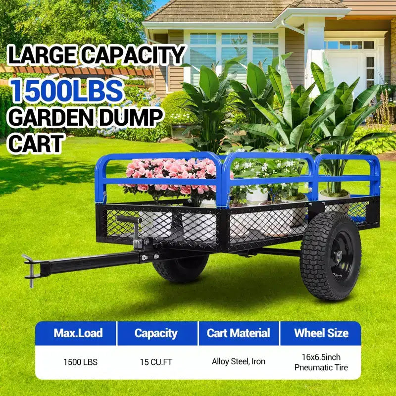 1500 lbs Heavy Duty Steel Dump Cart, Utility Trailer with Removable Sides, 15 Cubic Feet Capacity Trailer for ATV, UTV, Lawn Mowers