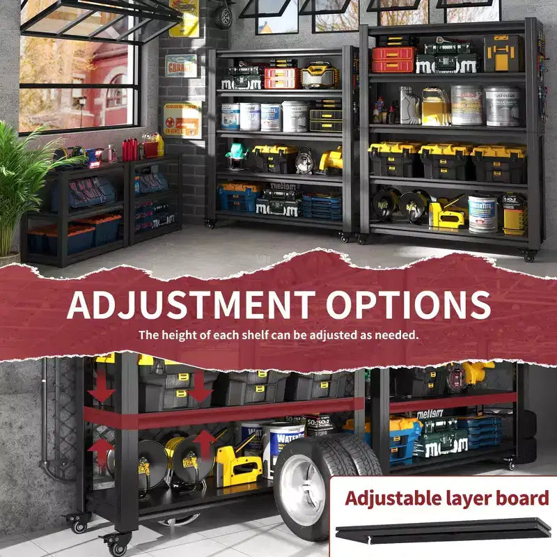 Heavy-Duty Metal Shelving with Pegboard & Wheels - Adjustable Multipurpose Storage Rack for Garage/Warehouse/Office/Kitchen