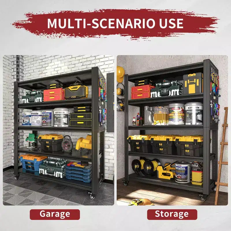 Heavy-Duty Metal Shelving with Pegboard & Wheels - Adjustable Multipurpose Storage Rack for Garage/Warehouse/Office/Kitchen