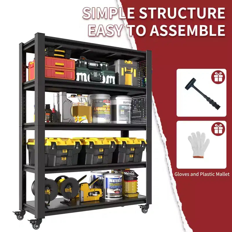 Heavy-Duty Metal Shelving with Pegboard & Wheels - Adjustable Multipurpose Storage Rack for Garage/Warehouse/Office/Kitchen