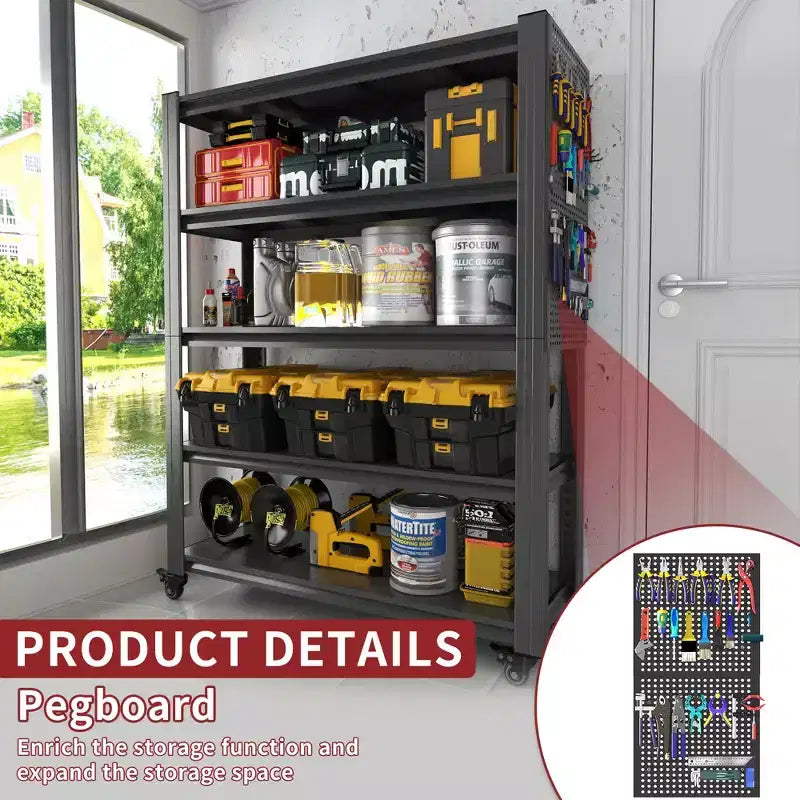 Heavy-Duty Metal Shelving with Pegboard & Wheels - Adjustable Multipurpose Storage Rack for Garage/Warehouse/Office/Kitchen