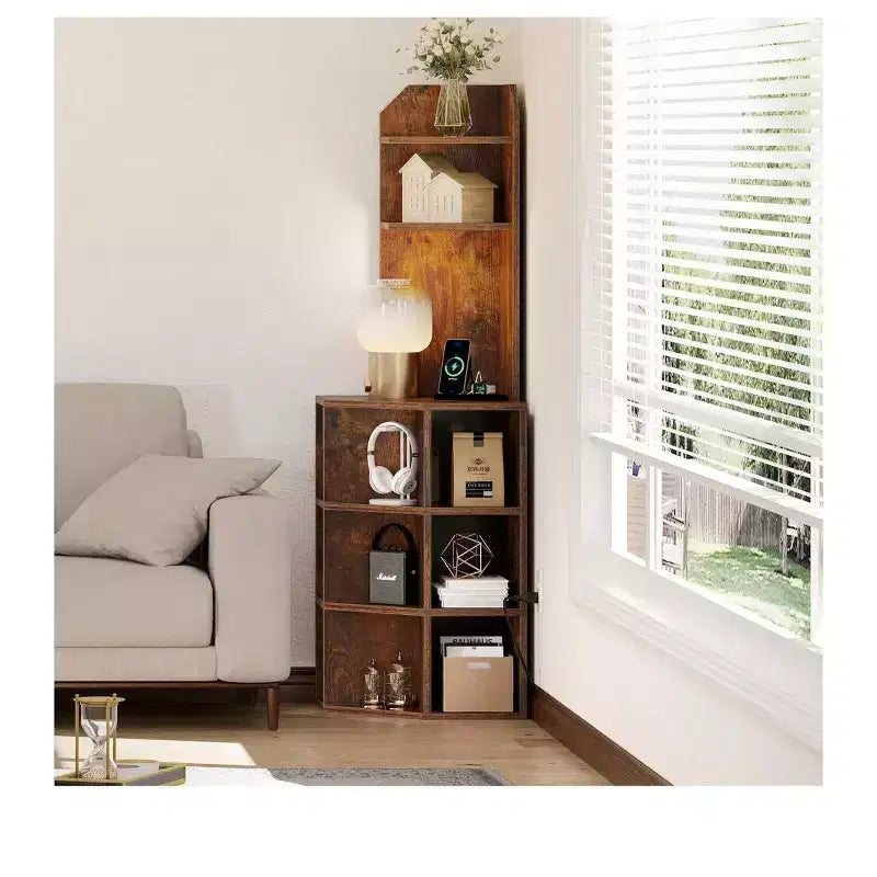 6 Tier Corner Bookshelf Office Display Cubby Industrial Corner Storage Cabinet Rack with USB Charging Station & Power Outlets Charging Station