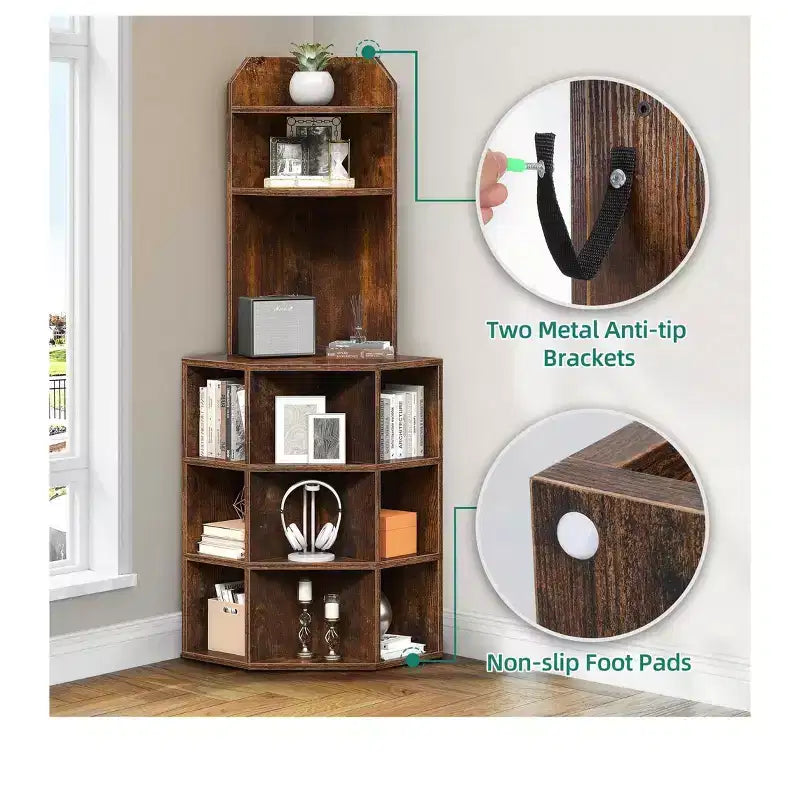 6 Tier Corner Bookshelf Office Display Cubby Industrial Corner Storage Cabinet Rack with USB Charging Station & Power Outlets Charging Station