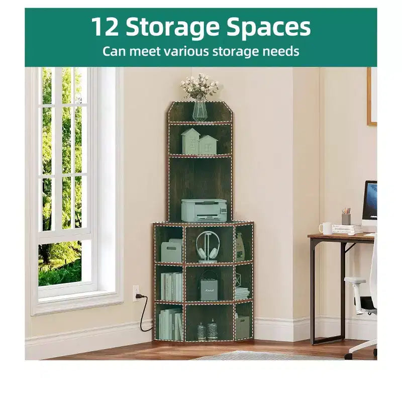 6 Tier Corner Bookshelf Office Display Cubby Industrial Corner Storage Cabinet Rack with USB Charging Station & Power Outlets Charging Station