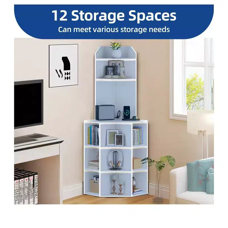 6 Tier Corner Bookshelf Office Display Cubby Industrial Corner Storage Cabinet Rack with USB Charging Station & Power Outlets Charging Station