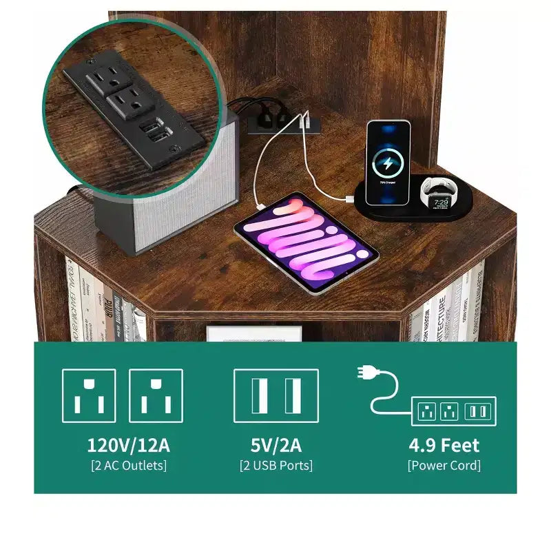6 Tier Corner Bookshelf Office Display Cubby Industrial Corner Storage Cabinet Rack with USB Charging Station & Power Outlets Charging Station