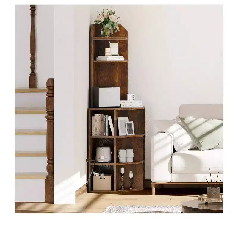 6 Tier Corner Bookshelf Office Display Cubby Industrial Corner Storage Cabinet Rack with USB Charging Station & Power Outlets Charging Station