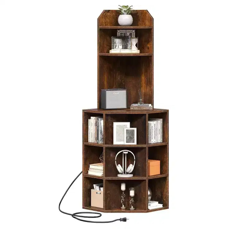 6 Tier Corner Bookshelf Office Display Cubby Industrial Corner Storage Cabinet Rack with USB Charging Station & Power Outlets Charging Station