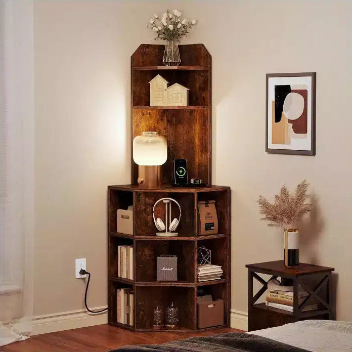 6 Tier Corner Bookshelf Office Display Cubby Industrial Corner Storage Cabinet Rack with USB Charging Station & Power Outlets Charging Station