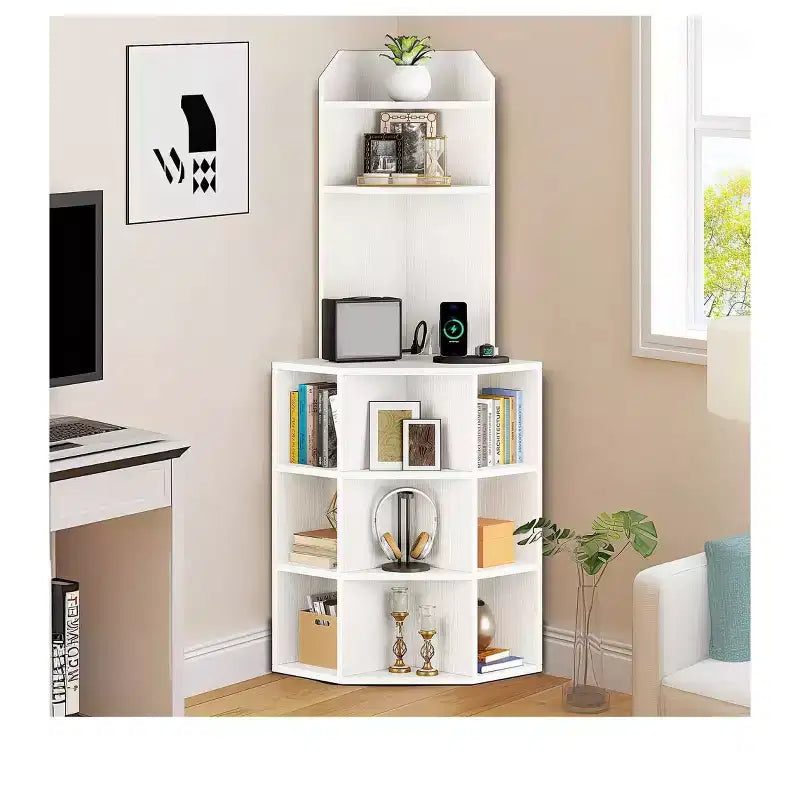 6 Tier Corner Bookshelf Office Display Cubby Industrial Corner Storage Cabinet Rack with USB Charging Station & Power Outlets Charging Station