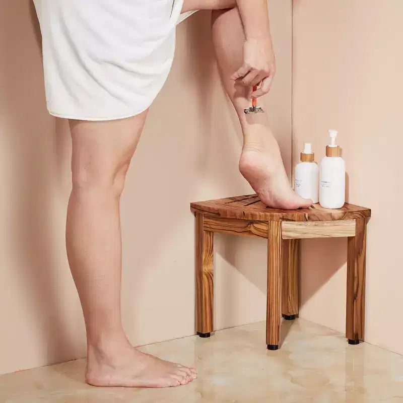 Corner Teak Shower Bench, 100% Teak Wood Corner Shower Bench, 300 LBS with Storage Shelf, Wood Color