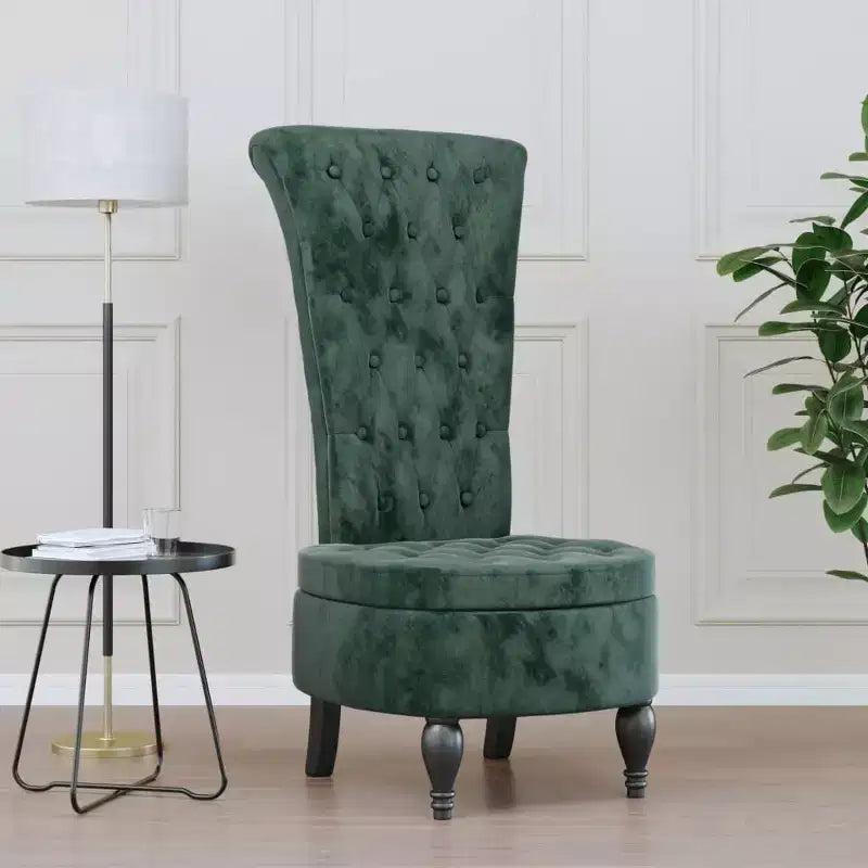 High Back Chair Dark Green Velvet, Solid Wood, Plywood Single