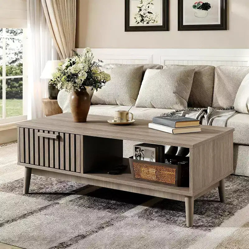 39.4 Mid Century Modern Coffee Table with Storage, 2-Tier Fluted Rectangle Center Table with Drawer, Open Shelf & Wood Legs for Living Room