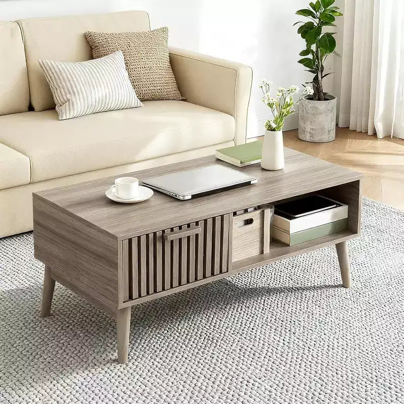 39.4 Mid Century Modern Coffee Table with Storage, 2-Tier Fluted Rectangle Center Table with Drawer, Open Shelf & Wood Legs for Living Room