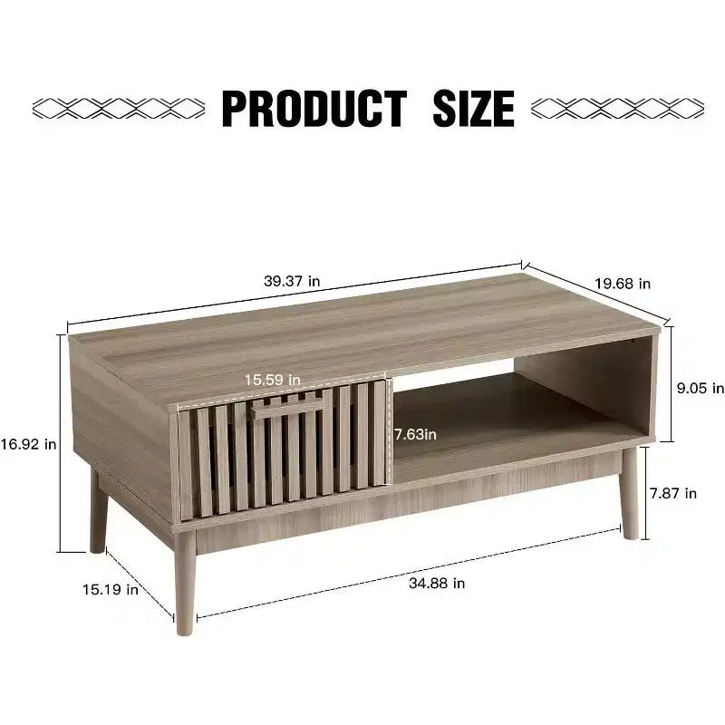 39.4 Mid Century Modern Coffee Table with Storage, 2-Tier Fluted Rectangle Center Table with Drawer, Open Shelf & Wood Legs for Living Room