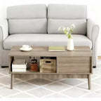 39.4 Mid Century Modern Coffee Table with Storage, 2-Tier Fluted Rectangle Center Table with Drawer, Open Shelf & Wood Legs for Living Room