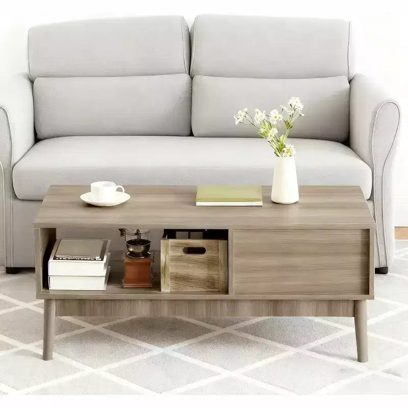 39.4 Mid Century Modern Coffee Table with Storage, 2-Tier Fluted Rectangle Center Table with Drawer, Open Shelf & Wood Legs for Living Room