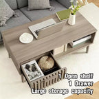 39.4 Mid Century Modern Coffee Table with Storage, 2-Tier Fluted Rectangle Center Table with Drawer, Open Shelf & Wood Legs for Living Room