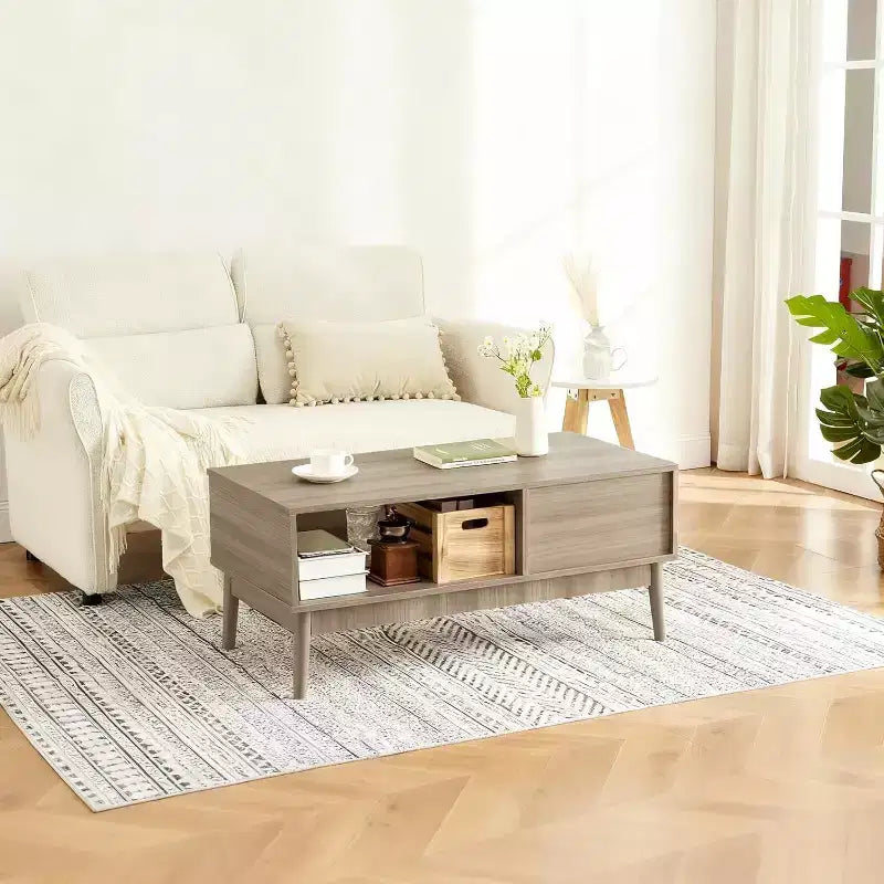 39.4 Mid Century Modern Coffee Table with Storage, 2-Tier Fluted Rectangle Center Table with Drawer, Open Shelf & Wood Legs for Living Room