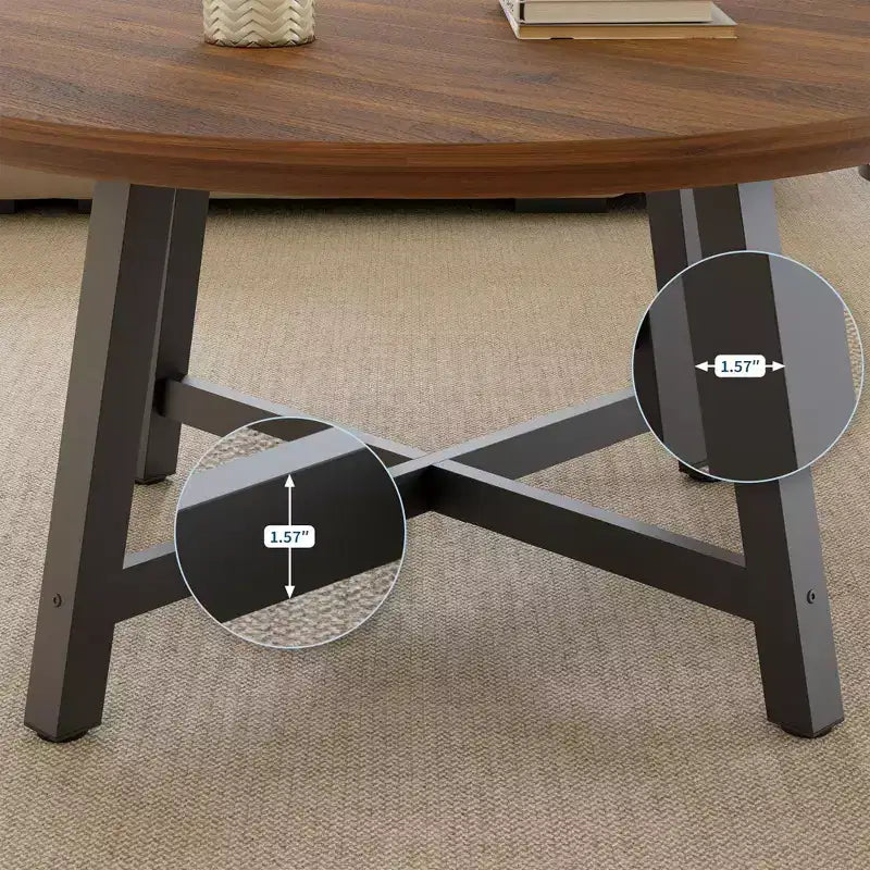 36 Round Coffee Table  Wood Grain Top with Thick Metal Legs & Adjustable Feet, Modern Circle Center Table for Living Room & Apartments