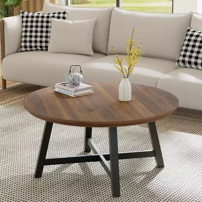 36 Round Coffee Table  Wood Grain Top with Thick Metal Legs & Adjustable Feet, Modern Circle Center Table for Living Room & Apartments