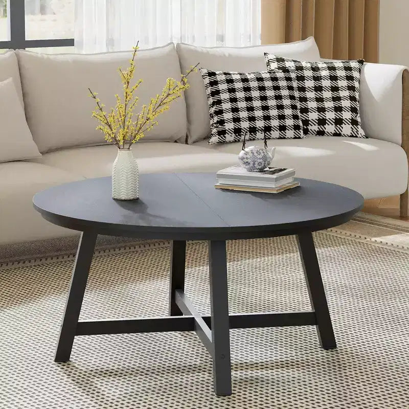 36 Round Coffee Table  Wood Grain Top with Thick Metal Legs & Adjustable Feet, Modern Circle Center Table for Living Room & Apartments