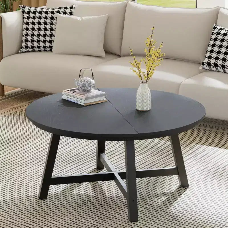 36 Round Coffee Table  Wood Grain Top with Thick Metal Legs & Adjustable Feet, Modern Circle Center Table for Living Room & Apartments