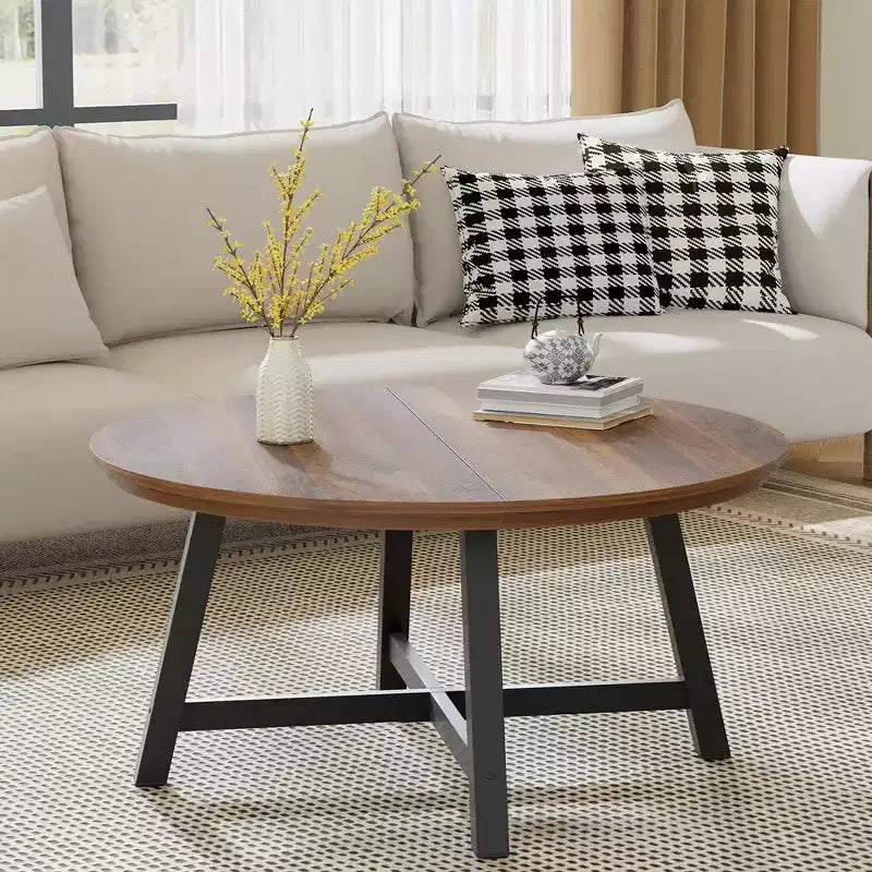 36 Round Coffee Table  Wood Grain Top with Thick Metal Legs & Adjustable Feet, Modern Circle Center Table for Living Room & Apartments