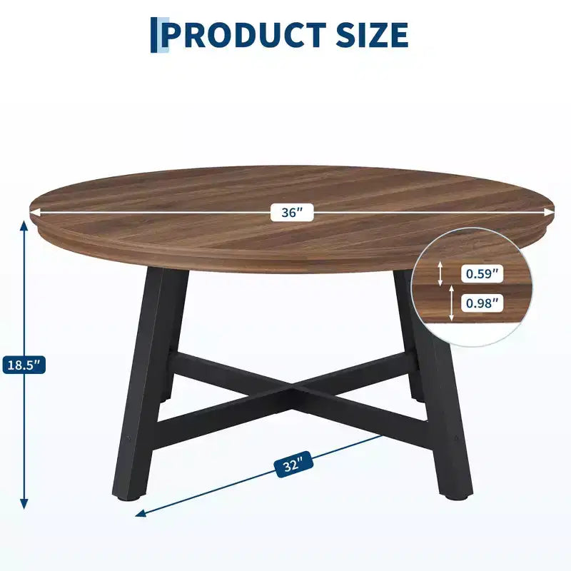 36 Round Coffee Table  Wood Grain Top with Thick Metal Legs & Adjustable Feet, Modern Circle Center Table for Living Room & Apartments