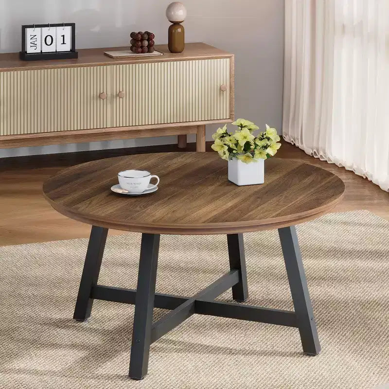 36 Round Coffee Table  Wood Grain Top with Thick Metal Legs & Adjustable Feet, Modern Circle Center Table for Living Room & Apartments