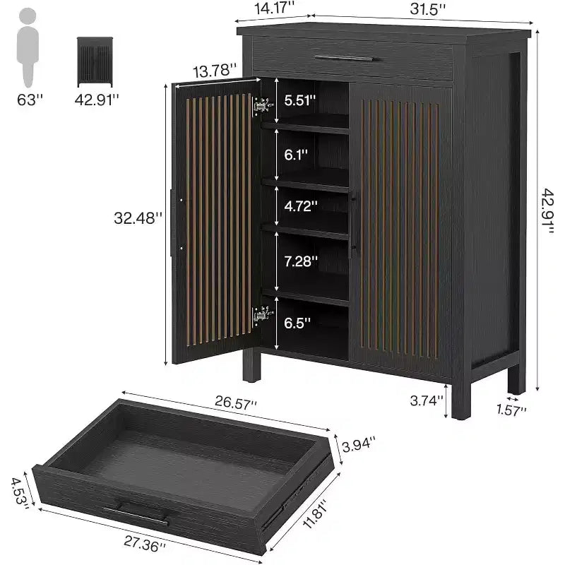 5-Tier Shoe Storage Cabinet with Louvered Doors and Drawer, Shoe Rack Organizer with Adjustable Shelves for Entryway, Hallway, Closet, Black