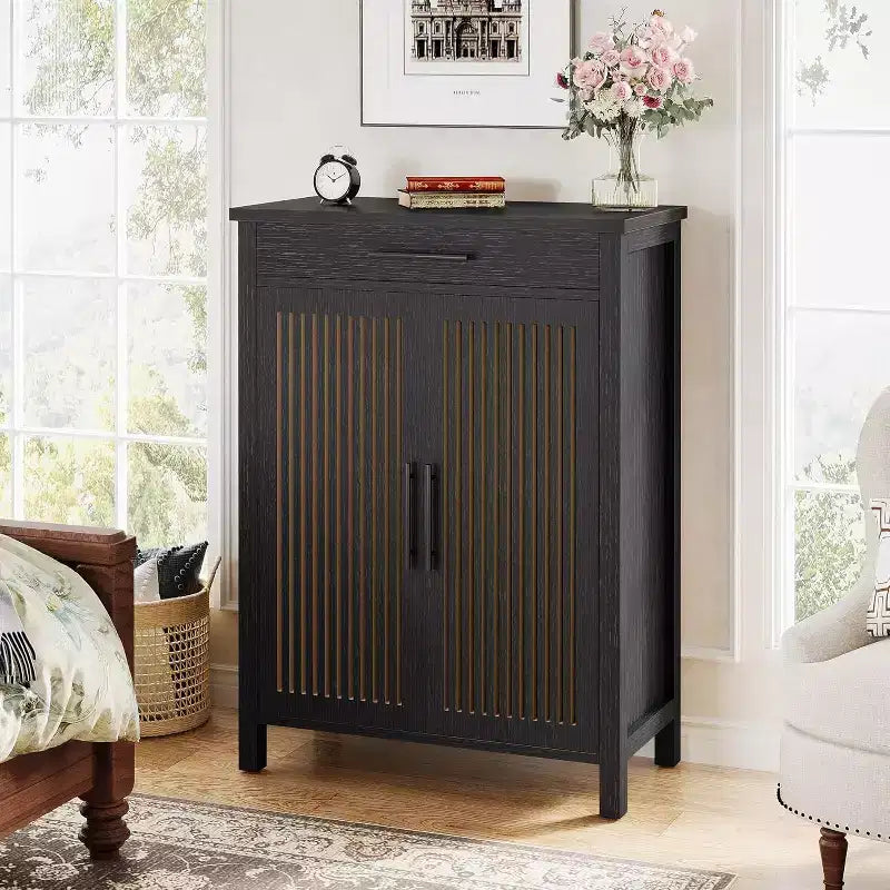 5-Tier Shoe Storage Cabinet with Louvered Doors and Drawer, Shoe Rack Organizer with Adjustable Shelves for Entryway, Hallway, Closet, Black