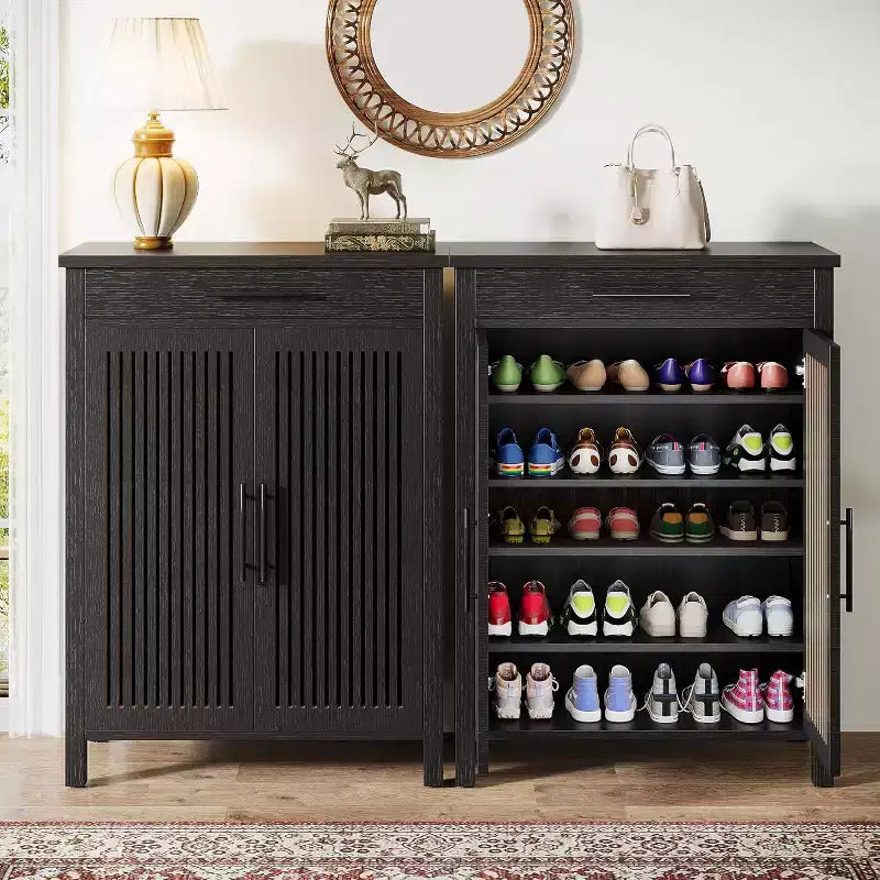 5-Tier Shoe Storage Cabinet with Louvered Doors and Drawer, Shoe Rack Organizer with Adjustable Shelves for Entryway, Hallway, Closet, Black