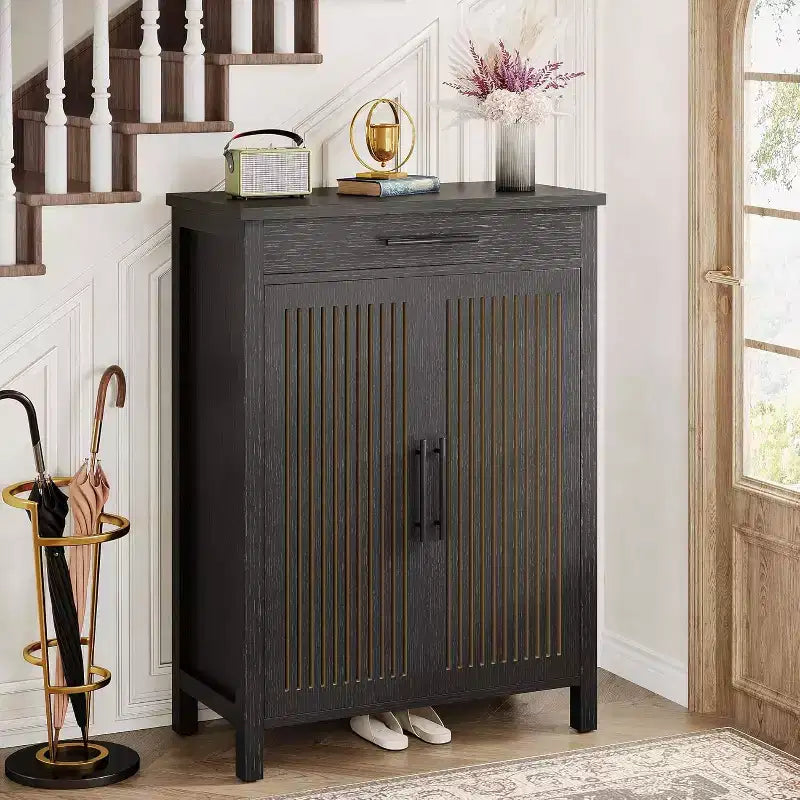 5-Tier Shoe Storage Cabinet with Louvered Doors and Drawer, Shoe Rack Organizer with Adjustable Shelves for Entryway, Hallway, Closet, Black