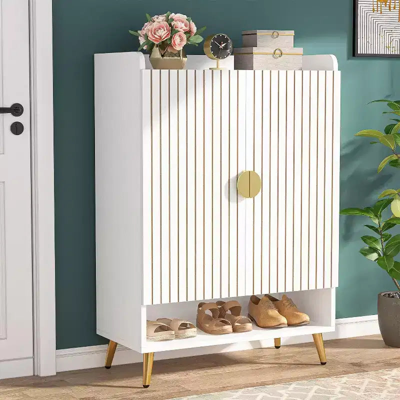 Lantine Shoe Cabinet with Doors, 6-Tier Shoe Storage Cabinet with Adjustable Shelves for Entryway, Hallway, Closet, Living Room, White & Gold
