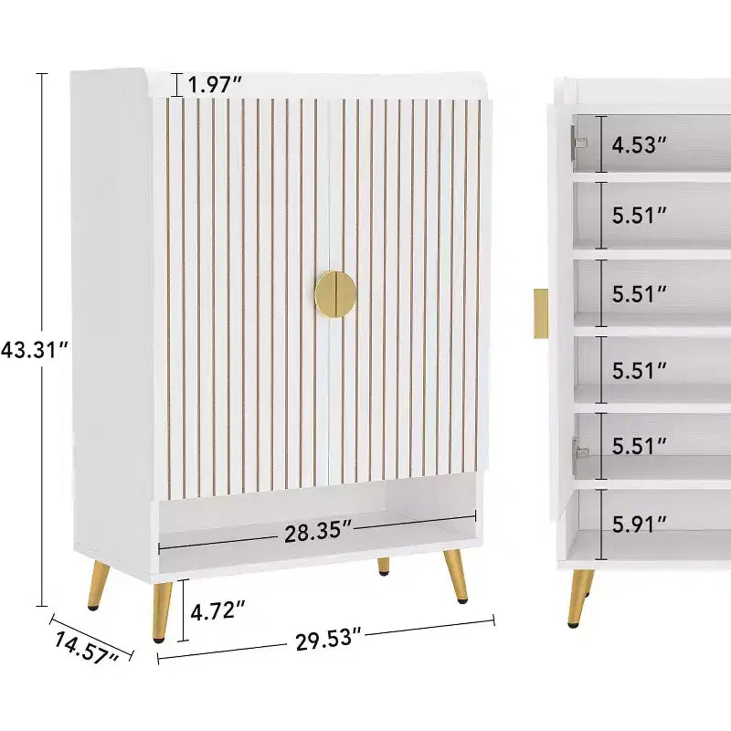 Shoe Cabinet with Doors, 6-Tier Shoe Storage Cabinet with Adjustable Shelves for Entryway, Hallway, Closet, Living Room, White & Gold
