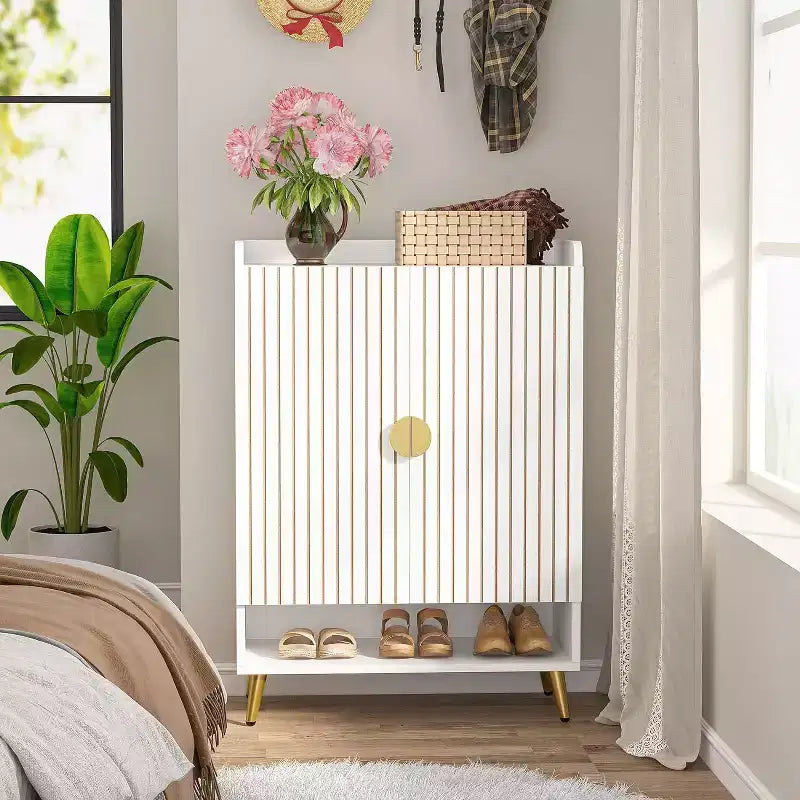 Shoe Cabinet with Doors, 6-Tier Shoe Storage Cabinet with Adjustable Shelves for Entryway, Hallway, Closet, Living Room, White & Gold