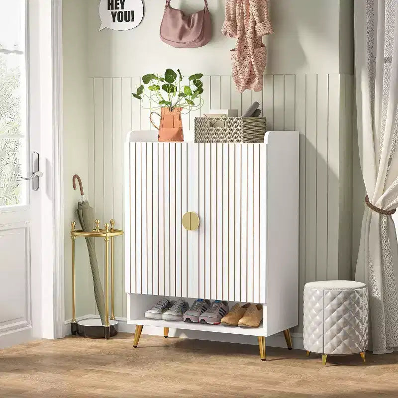 Shoe Cabinet with Doors, 6-Tier Shoe Storage Cabinet with Adjustable Shelves for Entryway, Hallway, Closet, Living Room, White & Gold