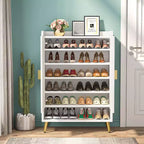 Shoe Cabinet with Doors, 6-Tier Shoe Storage Cabinet with Adjustable Shelves for Entryway, Hallway, Closet, Living Room, White & Gold