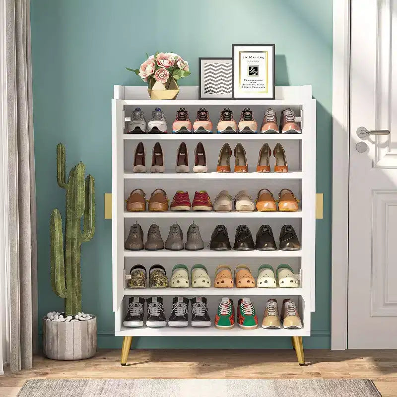 Shoe Cabinet with Doors, 6-Tier Shoe Storage Cabinet with Adjustable Shelves for Entryway, Hallway, Closet, Living Room, White & Gold
