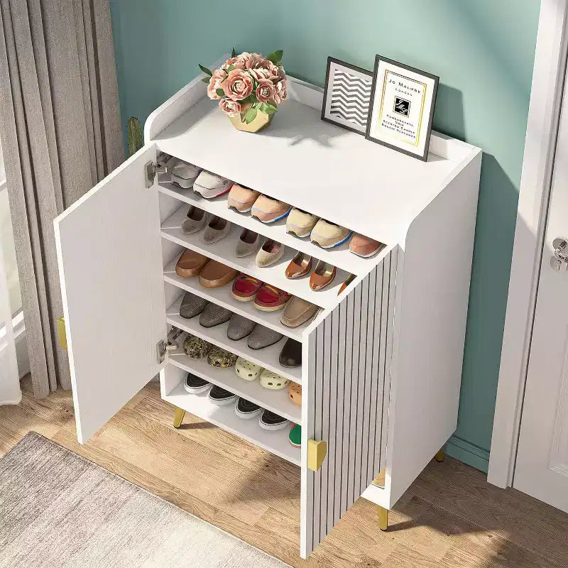 Shoe Cabinet with Doors, 6-Tier Shoe Storage Cabinet with Adjustable Shelves for Entryway, Hallway, Closet, Living Room, White & Gold