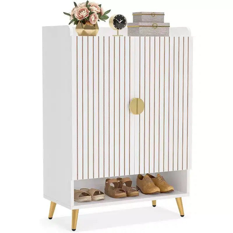 Shoe Cabinet with Doors, 6-Tier Shoe Storage Cabinet with Adjustable Shelves for Entryway, Hallway, Closet, Living Room, White & Gold