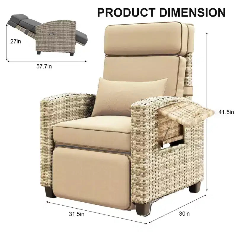Outdoor Wicker Lounge Recliner Chair, Rattan Patio Recliner with Air Pump, Adjustable Backrest, Flip-Up Table and Cushion, 150 Degree Lay Flat