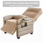 Outdoor Wicker Lounge Recliner Chair, Rattan Patio Recliner with Air Pump, Adjustable Backrest, Flip-Up Table and Cushion, 150 Degree Lay Flat