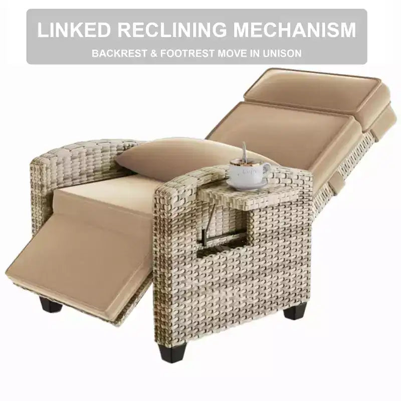 Outdoor Wicker Lounge Recliner Chair, Rattan Patio Recliner with Air Pump, Adjustable Backrest, Flip-Up Table and Cushion, 150 Degree Lay Flat