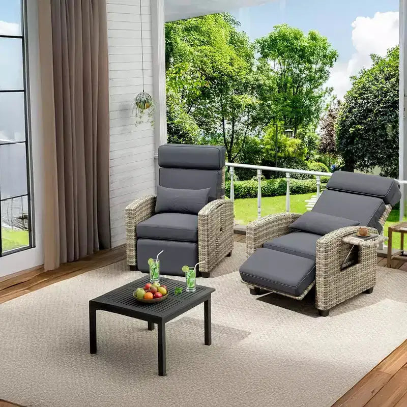 Outdoor Wicker Lounge Recliner Chair, Rattan Patio Recliner with Air Pump, Adjustable Backrest, Flip-Up Table and Cushion, 150 Degree Lay Flat