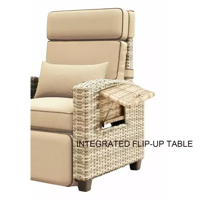 Outdoor Wicker Lounge Recliner Chair, Rattan Patio Recliner with Air Pump, Adjustable Backrest, Flip-Up Table and Cushion, 150 Degree Lay Flat